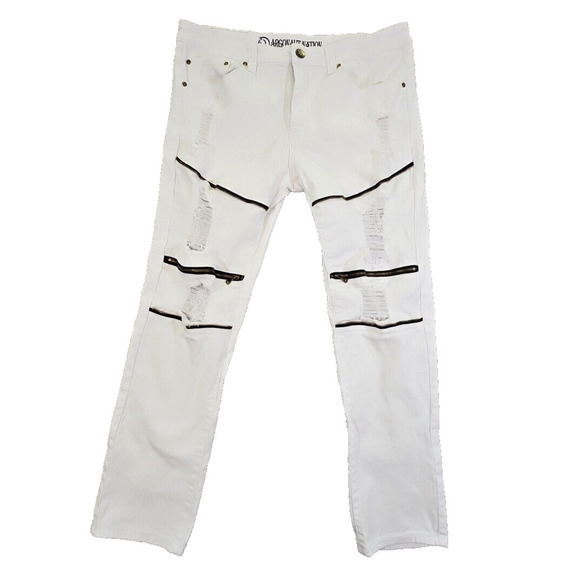 Argonaut Nation Men's White Slim Straight Jeans Size W38 x L32 Distressed Zipper - Picture 1 of 12